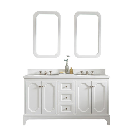 Water Creation Queen 60" Double Sink Quartz Carrara Vanity in Pure White with Matching Mirror(s) and F2-0009-05-BX Lavatory Faucet(s) VQU060QCPW50 - Model Bath