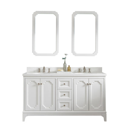 Water Creation Queen 60" Double Sink Quartz Carrara Vanity in Pure White with Matching Mirror(s) and F2-0013-05-FX Lavatory Faucet(s) VQU060QCPW60 - Model Bath