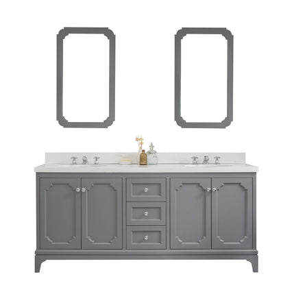 Water Creation Queen 72" Double Sink Quartz Carrara Vanity in Cashmere Grey with Matching Mirror(s) and F2-0009-01-BX Lavatory Faucet(s) VQU072QCCG05 - Model Bath