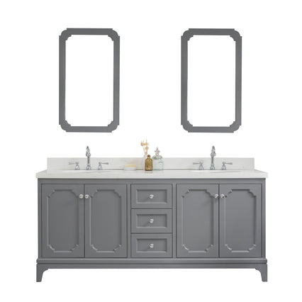 Water Creation Queen 72" Double Sink Quartz Carrara Vanity in Cashmere Grey with Matching Mirror(s) and F2-0012-01-TL Lavatory Faucet(s) VQU072QCCG45 - Model Bath