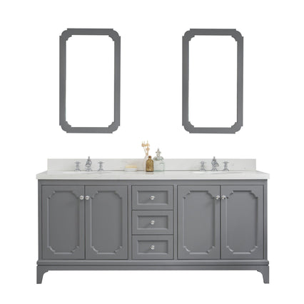 Water Creation Queen 72" Double Sink Quartz Carrara Vanity in Cashmere Grey with Matching Mirror(s) and F2-0013-01-FX Lavatory Faucet(s) VQU072QCCG70 - Model Bath