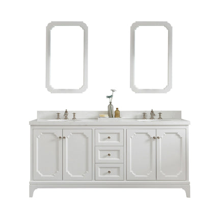 Water Creation Queen 72" Double Sink Quartz Carrara Vanity in Pure White with F2-0013-05-FX Lavatory Faucet(s) VQU072QCPW62 - Model Bath
