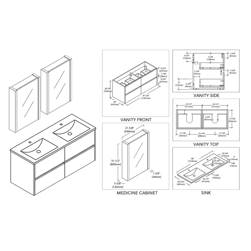 Valencia 48 Inch Double Vanity (Vanity Only) Silver Grey