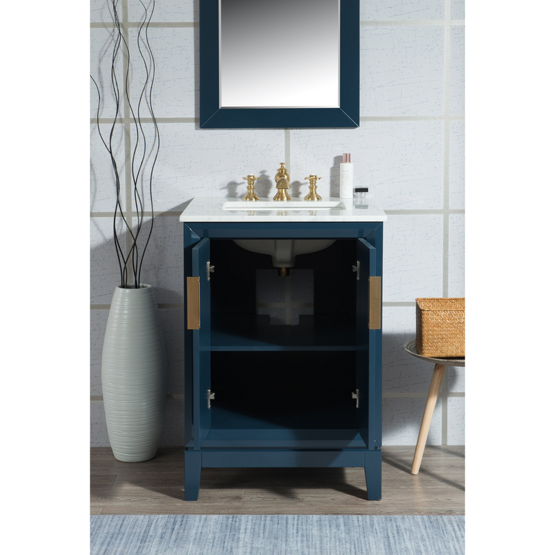 Water Creation Elizabeth 24" Single Sink Carrara White Marble Vanity in Monarch Blue with Matching Mirror(s) and F2-0013-06-FX Lavatory Faucet(s) VEL024CWMB38