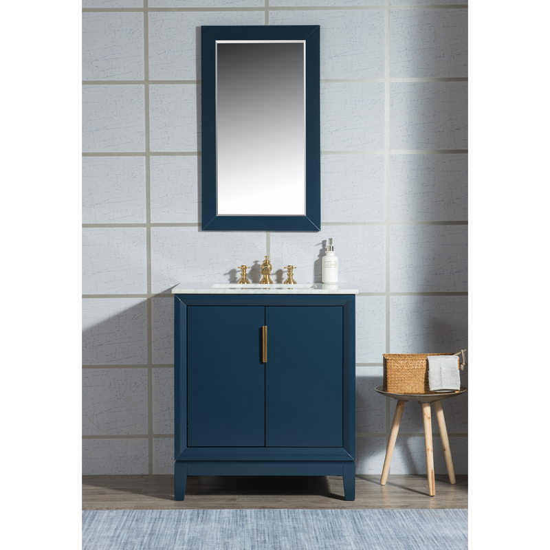 Water Creation Elizabeth 30" Single Sink Carrara White Marble Vanity in Monarch Blue with F2-0013-06-FX Lavatory Faucet(s) VEL030CWMB42
