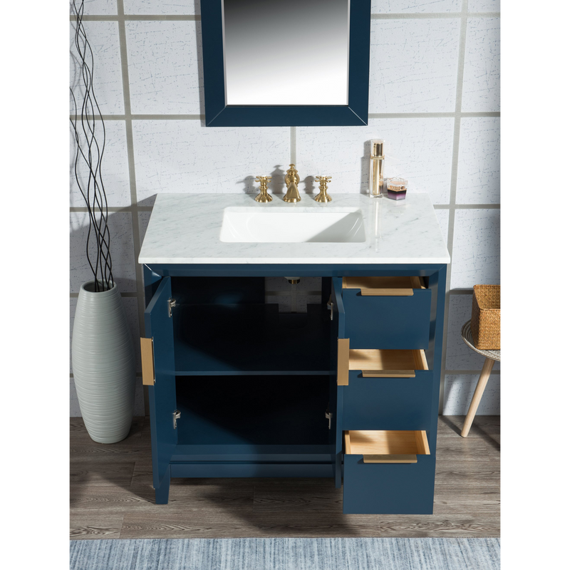 Water Creation Elizabeth 36" Single Sink Carrara White Marble Vanity in Monarch Blue with F2-0013-06-FX Lavatory Faucet(s) VEL036CWMB42