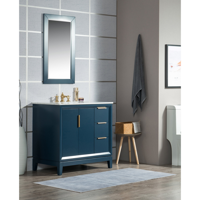 Water Creation Elizabeth 36" Single Sink Carrara White Marble Vanity in Monarch Blue with F2-0013-06-FX Lavatory Faucet(s) VEL036CWMB42