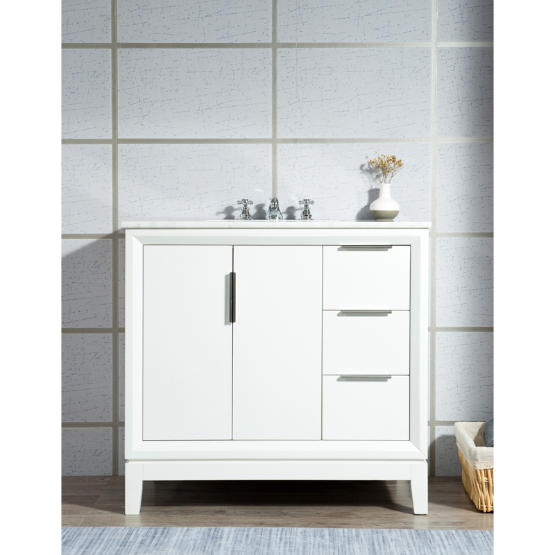Water Creation Elizabeth 36" Single Sink Carrara White Marble Vanity in Pure White with Matching Mirror(s) and F2-0009-01-BX Lavatory Faucet(s) VEL036CWPW02