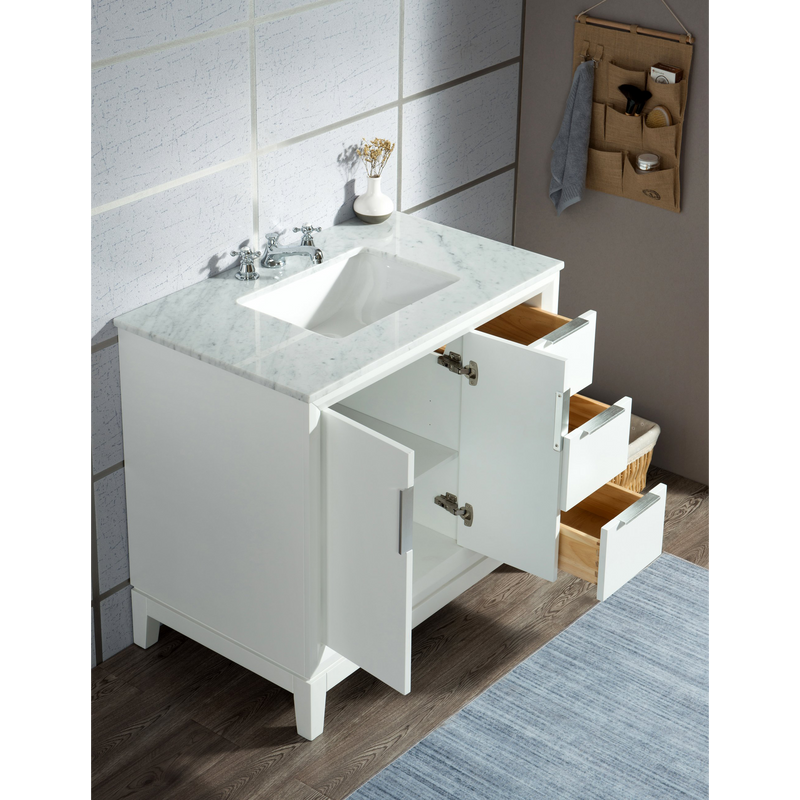 Water Creation Elizabeth 36" Single Sink Carrara White Marble Vanity in Pure White with Matching Mirror(s) and F2-0009-01-BX Lavatory Faucet(s) VEL036CWPW02