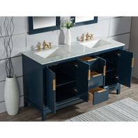 Water Creation Elizabeth 60" Double Sink Carrara White Marble Vanity in Monarch Blue with Matching Mirror(s) and F2-0013-06-FX Lavatory Faucet(s) VEL060CWMB40