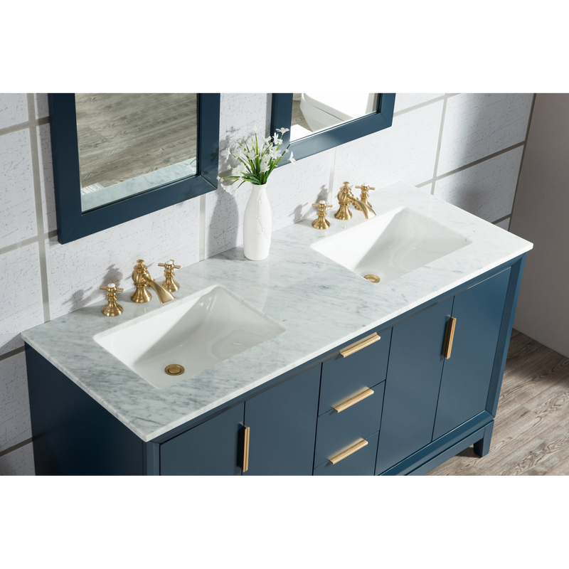 Water Creation Elizabeth 60" Double Sink Carrara White Marble Vanity in Monarch Blue with Matching Mirror(s) and F2-0013-06-FX Lavatory Faucet(s) VEL060CWMB40
