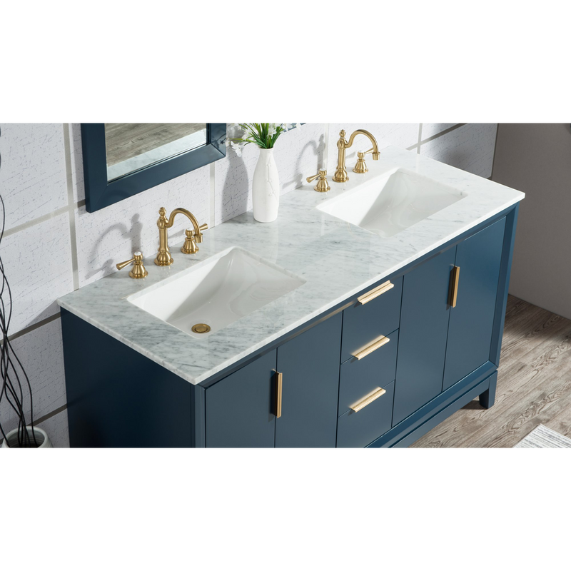 Water Creation Elizabeth 60" Double Sink Carrara White Marble Vanity in Monarch Blue with Matching Mirror(s) VEL060CWMB04