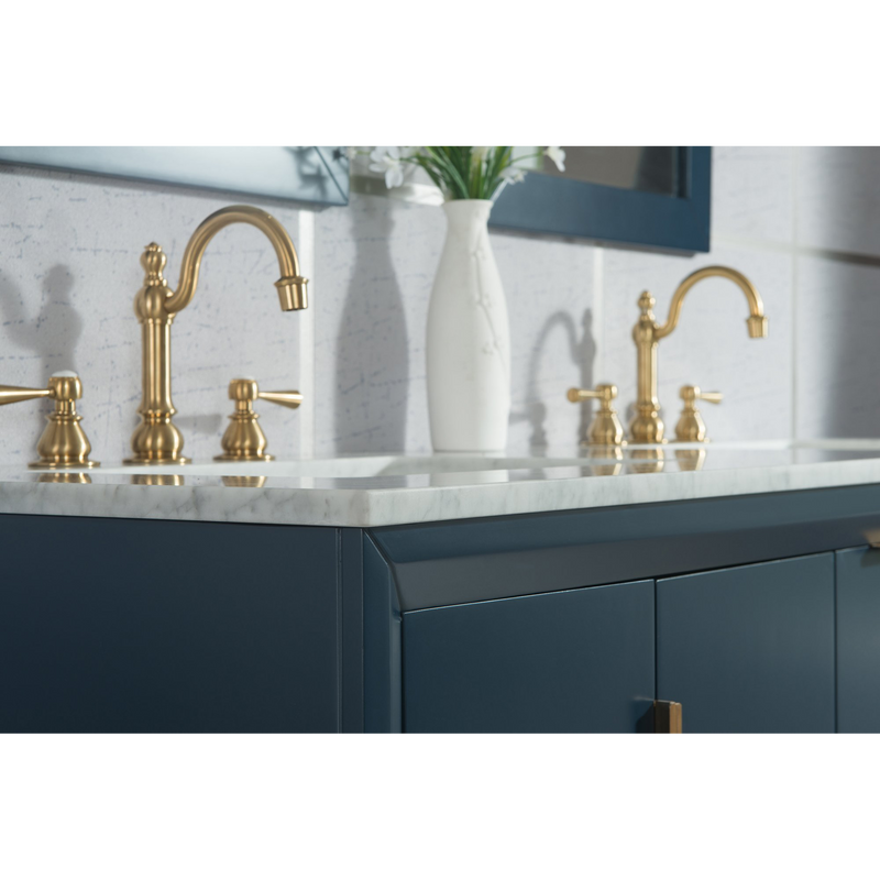 Water Creation Elizabeth 60" Double Sink Carrara White Marble Vanity in Monarch Blue with Matching Mirror(s) and F2-0012-06-TL Lavatory Faucet(s) VEL060CWMB35