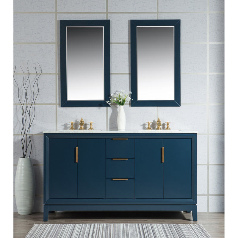 Water Creation Elizabeth 60" Double Sink Carrara White Marble Vanity in Monarch Blue with F2-0013-06-FX Lavatory Faucet(s) VEL060CWMB42