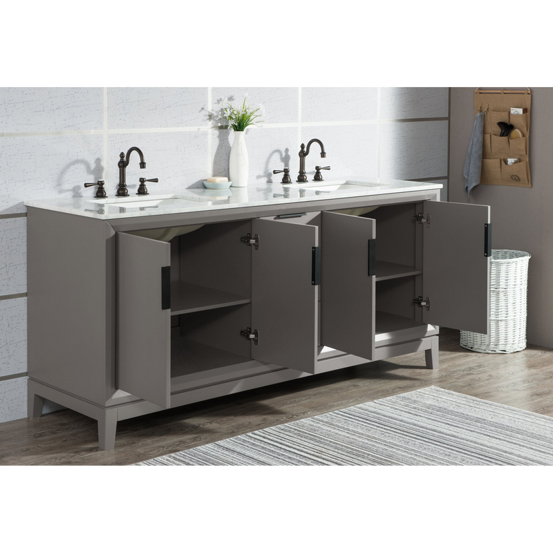 Water Creation Elizabeth 72" Double Sink Carrara White Marble Vanity in Cashmere Grey with Matching Mirror(s) and F2-0012-03-TL Lavatory Faucet(s) VEL072CWCG25
