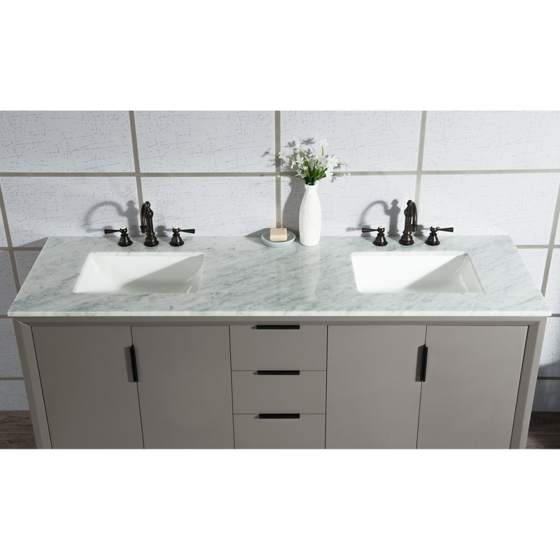 Water Creation Elizabeth 72" Double Sink Carrara White Marble Vanity in Cashmere Grey with Matching Mirror(s) and F2-0012-03-TL Lavatory Faucet(s) VEL072CWCG25