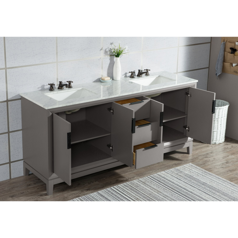 Water Creation Elizabeth 72" Double Sink Carrara White Marble Vanity in Cashmere Grey with Matching Mirror(s) and F2-0009-03-BX Lavatory Faucet(s) VEL072CWCG10