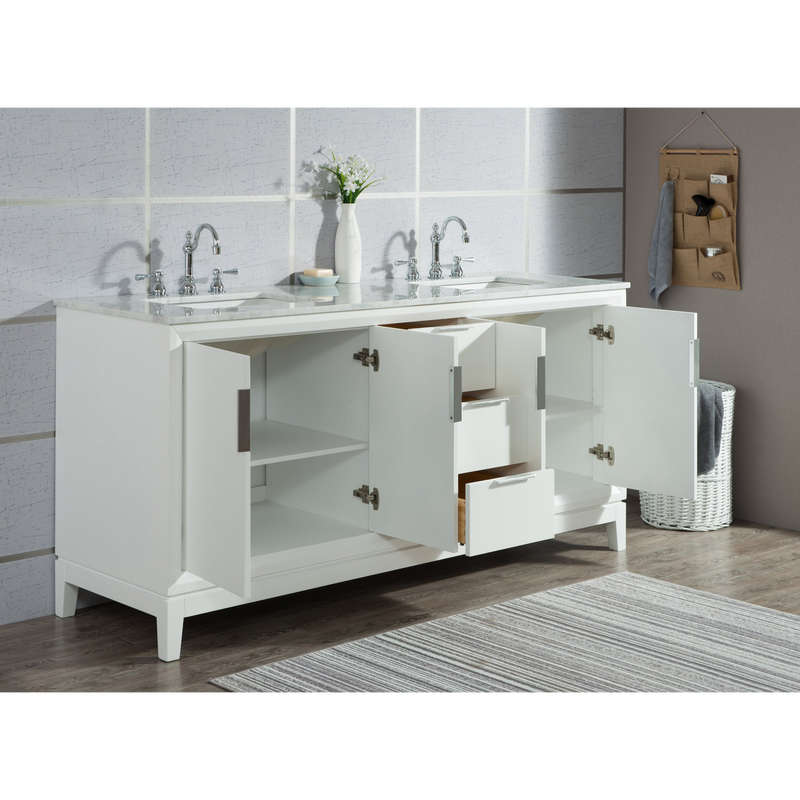 Water Creation Elizabeth 72" Double Sink Carrara White Marble Vanity in Pure White with F2-0012-01-TL Lavatory Faucet(s) VEL072CWPW47