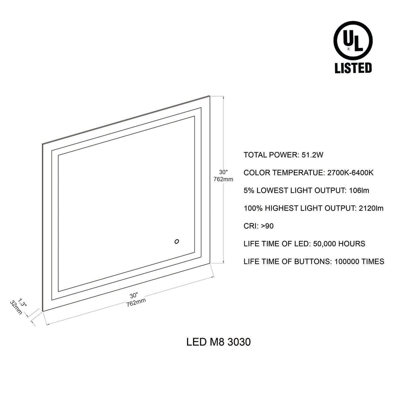 Lyra 30 x 30 Inch LED Mirror
