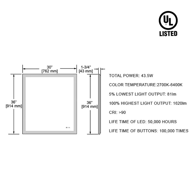 Beta 30″x36″ LED Mirror with Frosted Sides