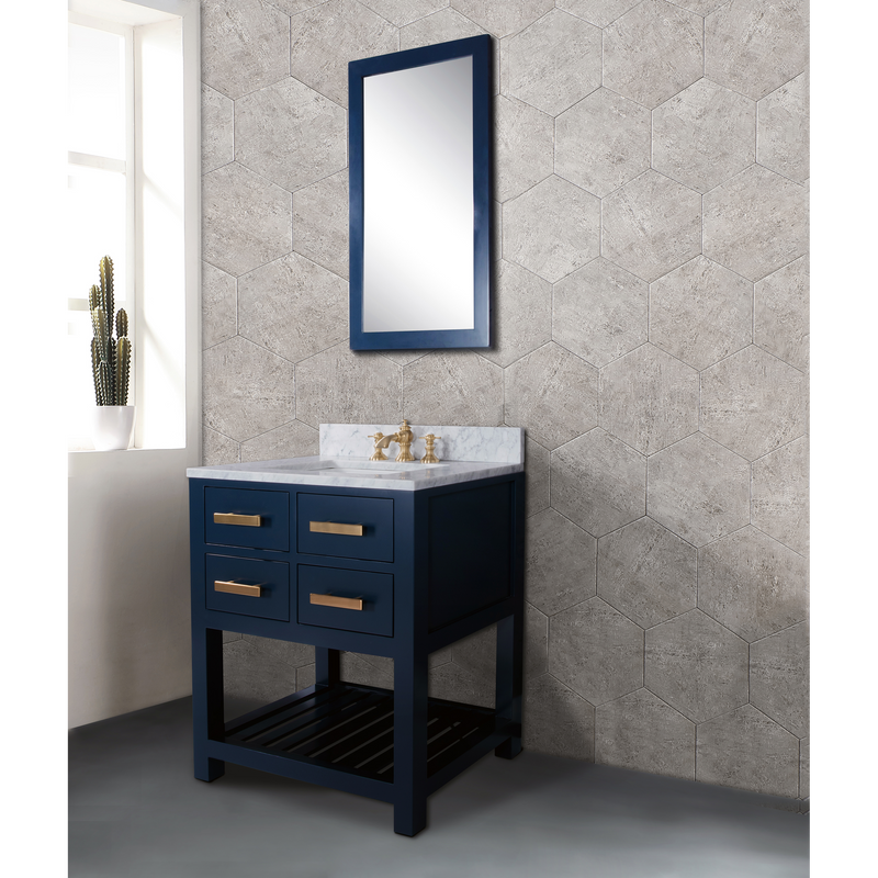 Water Creation 30" Monarch Blue Single Sink Bathroom Vanity with F2-0013 Satin Gold Faucet and Mirror From The Madalyn Collection MA30D-0613MB