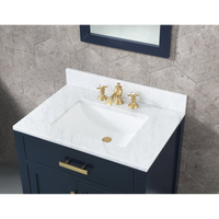 Water Creation Madison 30" Single Sink Carrara White Marble Vanity in Monarch Blue with Matching Mirror and F2-0013-06-FX Lavatory Faucet VMI030CWMB38