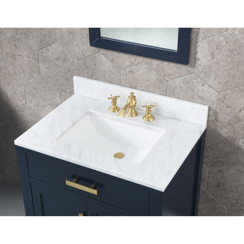 Water Creation Madison 30" Single Sink Carrara White Marble Vanity in Monarch Blue with Matching Mirror and F2-0013-06-FX Lavatory Faucet VMI030CWMB38
