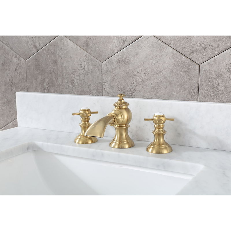 Water Creation Madison 30" Single Sink Carrara White Marble Vanity in Monarch Blue with Matching Mirror and F2-0013-06-FX Lavatory Faucet VMI030CWMB38