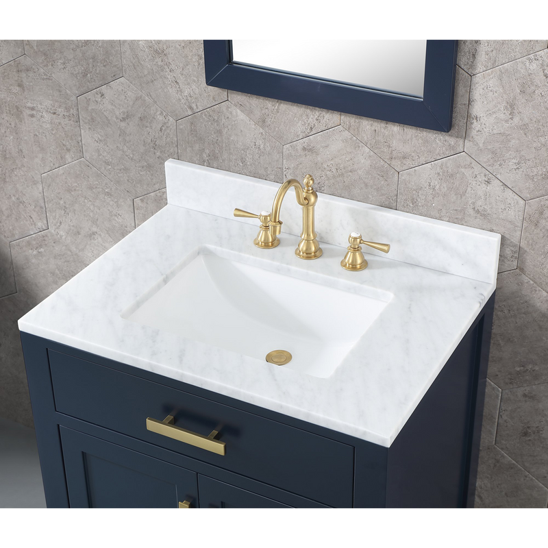 Water Creation Madison 30" Single Sink Carrara White Marble Vanity in Monarch Blue with Matching Mirror and F2-0012-06-TL Lavatory Faucet VMI030CWMB33