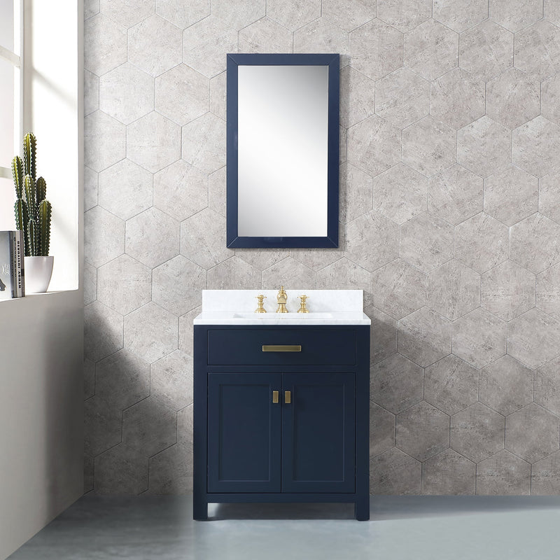 Water Creation Madison 30" Single Sink Carrara White Marble Vanity in Monarch Blue with Matching Mirror and F2-0013-06-FX Lavatory Faucet VMI030CWMB38
