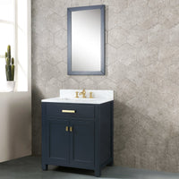 Water Creation Madison 30" Single Sink Carrara White Marble Vanity in Monarch Blue with Matching Mirror and F2-0013-06-FX Lavatory Faucet VMI030CWMB38
