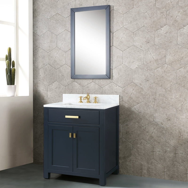 Water Creation Madison 30" Single Sink Carrara White Marble Vanity in Monarch Blue with Matching Mirror and F2-0013-06-FX Lavatory Faucet VMI030CWMB38