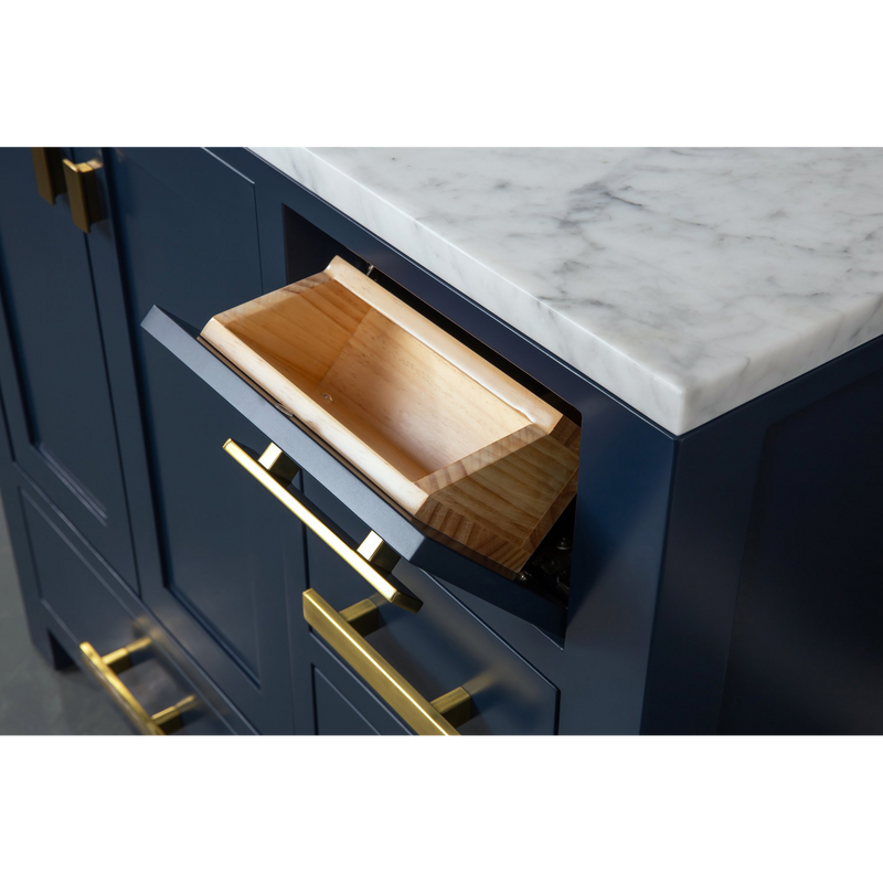 Water Creation Madison 36" Single Sink Carrara White Marble Vanity in Monarch Blue with Matching Mirror and F2-0013-06-FX Lavatory Faucet VMI036CWMB38