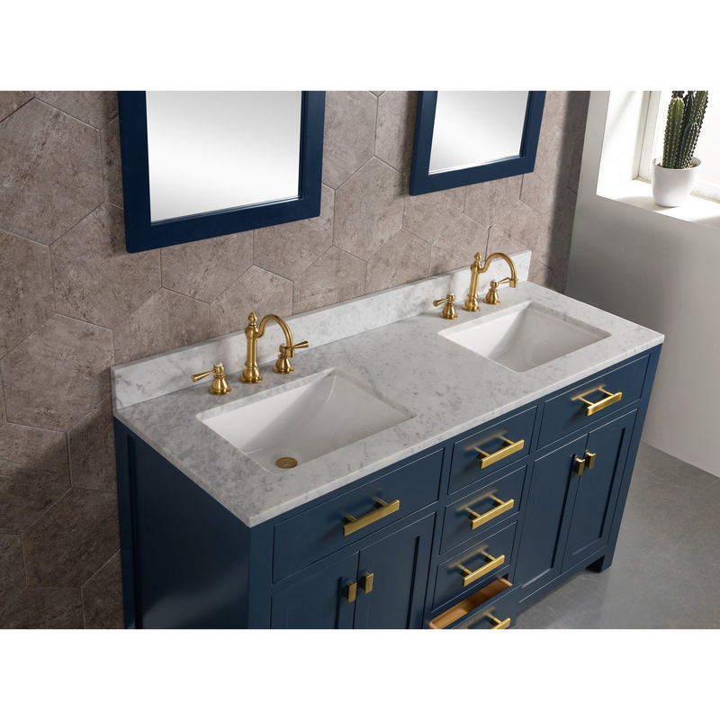 Water Creation Madison 60" Double Sink Carrara White Marble Vanity in Monarch Blue VMI060CWMB00