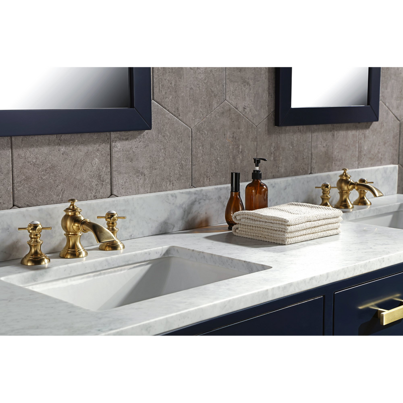 Water Creation Madison 72" Double Sink Carrara White Marble Vanity in Monarch Blue with Matching Mirror(s) and F2-0013-06-FX Lavatory Faucet(s) VMI072CWMB40