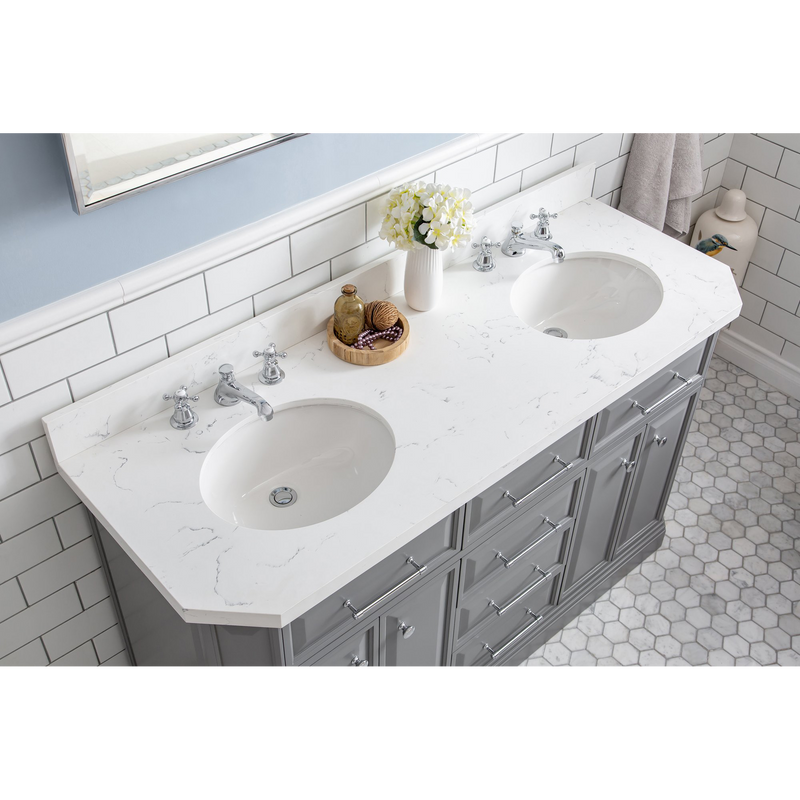 Water Creation 60" Palace Collection Quartz Carrara Cashmere Grey Bathroom Vanity Set with Hardware and F2-0009 Faucets, Mirror in Chrome Finish PA60D-0109CG