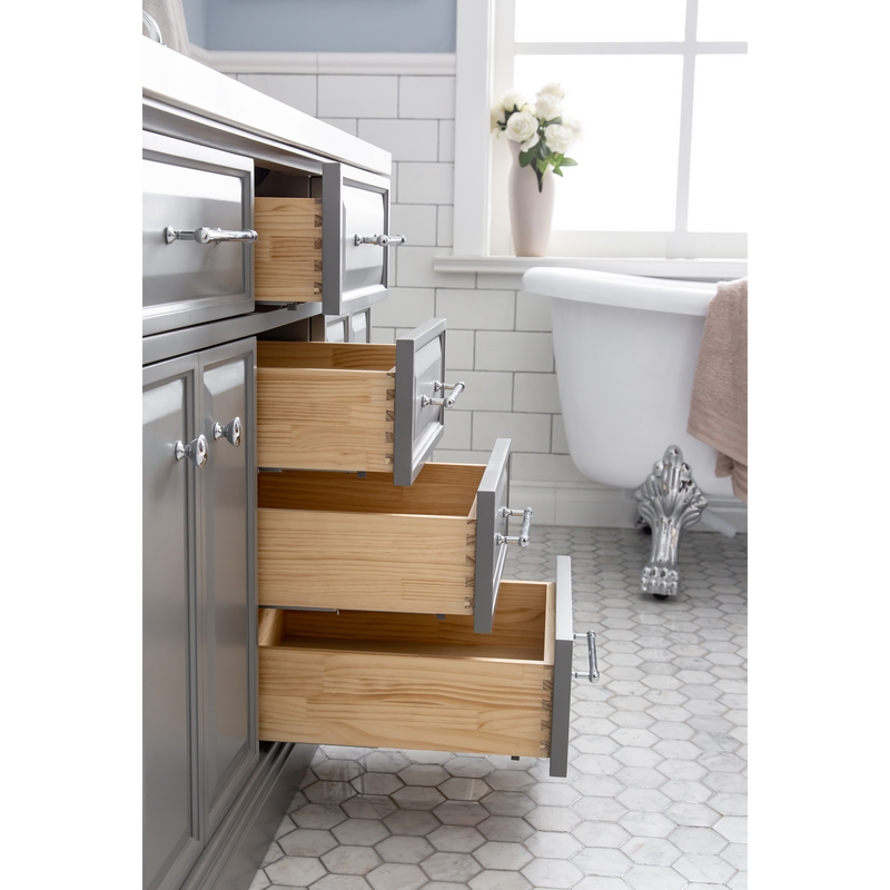 Water Creation 60" Palace Collection Quartz Carrara Cashmere Grey Bathroom Vanity Set with Hardware and F2-0009 Faucets, Mirror in Chrome Finish PA60D-0109CG