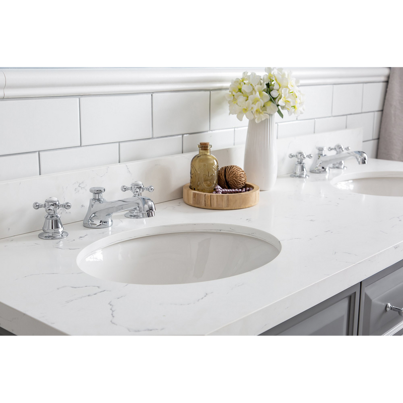 Water Creation 60" Palace Collection Quartz Carrara Cashmere Grey Bathroom Vanity Set with Hardware and F2-0009 Faucets in Polished Nickel (PVD) Finish PA60C-0509CG