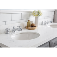 Water Creation 60" Palace Collection Quartz Carrara Cashmere Grey Bathroom Vanity Set with Hardware and F2-0009 Faucets, Mirror in Chrome Finish PA60D-0109CG