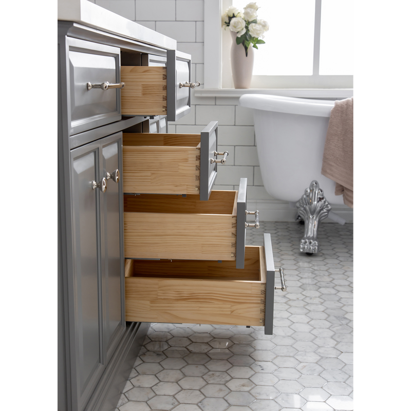 Water Creation 60" Palace Collection Quartz Carrara Cashmere Grey Bathroom Vanity Set with Hardware and F2-0009 Faucets, Mirror in Polished Nickel (PVD) Finish PA60D-0509CG