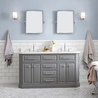 Water Creation 60" Palace Collection Quartz Carrara Cashmere Grey Bathroom Vanity Set with Hardware and F2-0012 Faucets in Chrome Finish PA60C-0112CG