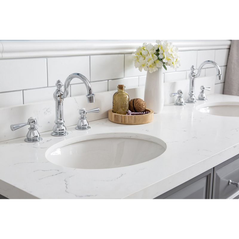 Water Creation 60" Palace Collection Quartz Carrara Cashmere Grey Bathroom Vanity Set with Hardware and F2-0012 Faucets in Chrome Finish PA60C-0112CG