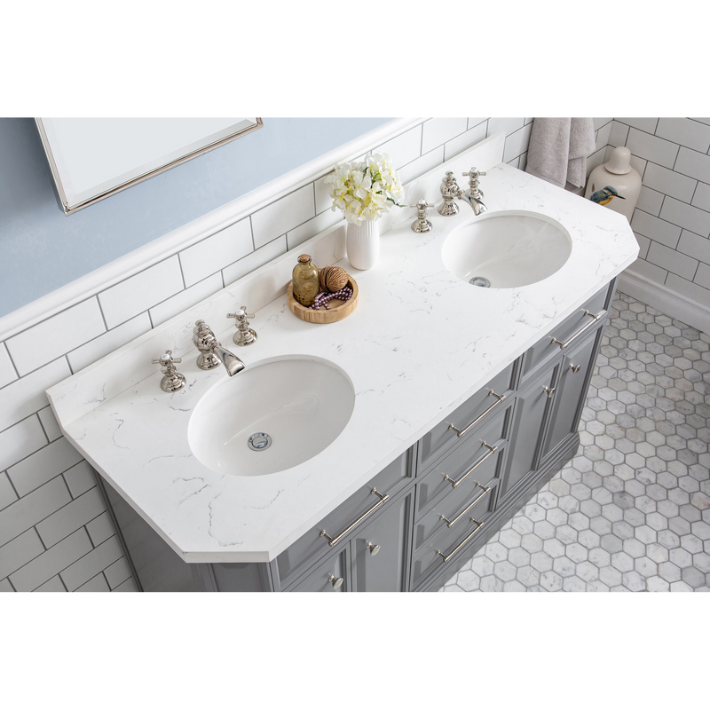 Water Creation 60" Palace Collection Quartz Carrara Cashmere Grey Bathroom Vanity Set with Hardware and F2-0013 Faucets in Polished Nickel (PVD) Finish PA60C-0513CG