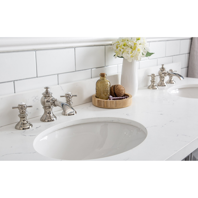 Water Creation 60" Palace Collection Quartz Carrara Cashmere Grey Bathroom Vanity Set with Hardware and F2-0013 Faucets in Polished Nickel (PVD) Finish PA60C-0513CG