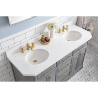 Water Creation 60" Palace Collection Quartz Carrara Cashmere Grey Bathroom Vanity Set with Hardware and F2-0013 Faucets in Satin Gold Finish and Only Mirrors in Chrome Finish PA60C-0613CG
