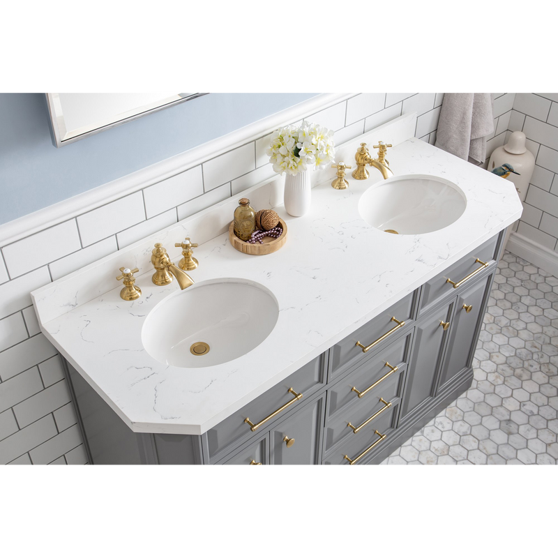 Water Creation 60" Palace Collection Quartz Carrara Cashmere Grey Bathroom Vanity Set with Hardware and F2-0013 Faucets in Satin Gold Finish and Only Mirrors in Chrome Finish PA60C-0613CG