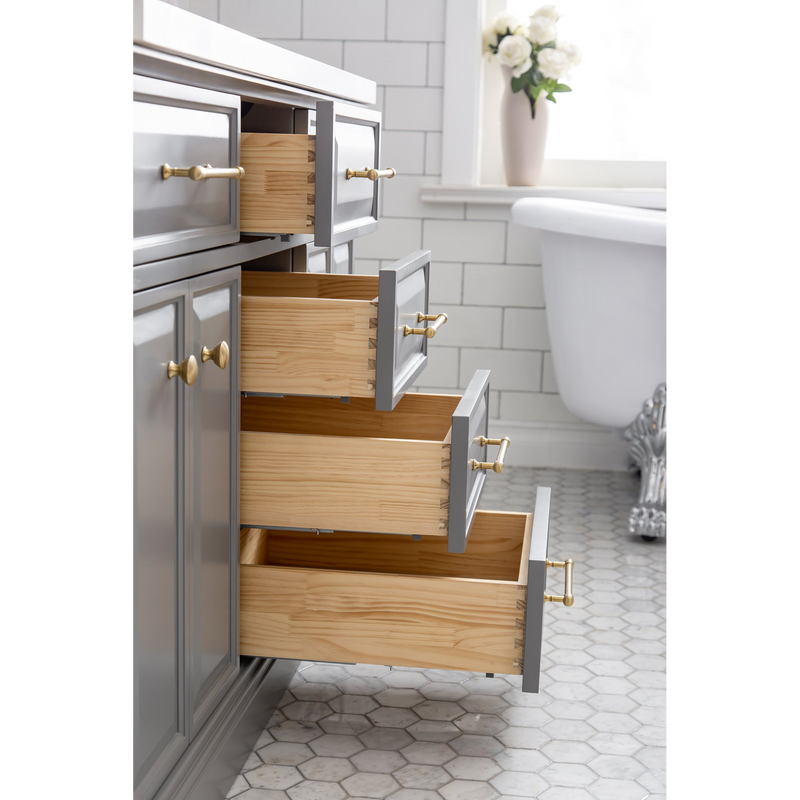 Water Creation 60" Palace Collection Quartz Carrara Cashmere Grey Bathroom Vanity Set with Hardware and F2-0013 Faucets in Satin Gold Finish and Only Mirrors in Chrome Finish PA60C-0613CG