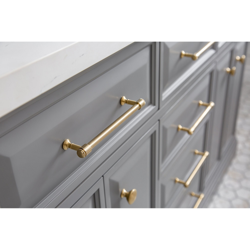 Water Creation 60" Palace Collection Quartz Carrara Cashmere Grey Bathroom Vanity Set with Hardware and F2-0013 Faucets in Satin Gold Finish and Only Mirrors in Chrome Finish PA60C-0613CG