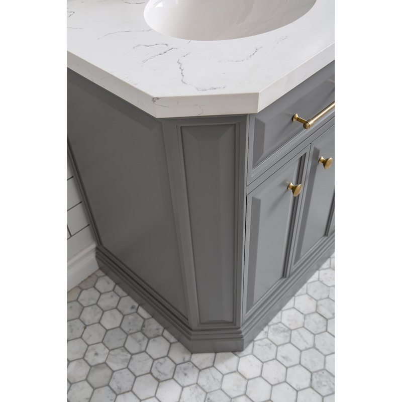 Water Creation 60" Palace Collection Quartz Carrara Cashmere Grey Bathroom Vanity Set with Hardware and F2-0013 Faucets in Satin Gold Finish and Only Mirrors in Chrome Finish PA60C-0613CG