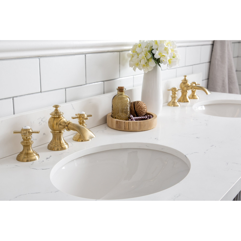 Water Creation 60" Palace Collection Quartz Carrara Cashmere Grey Bathroom Vanity Set with Hardware and F2-0013 Faucets in Satin Gold Finish and Only Mirrors in Chrome Finish PA60C-0613CG